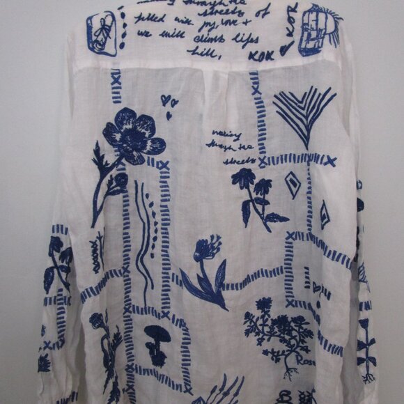 Embroidered Classic Shirt White Ramie Royal Blue - Picture 14 of 14